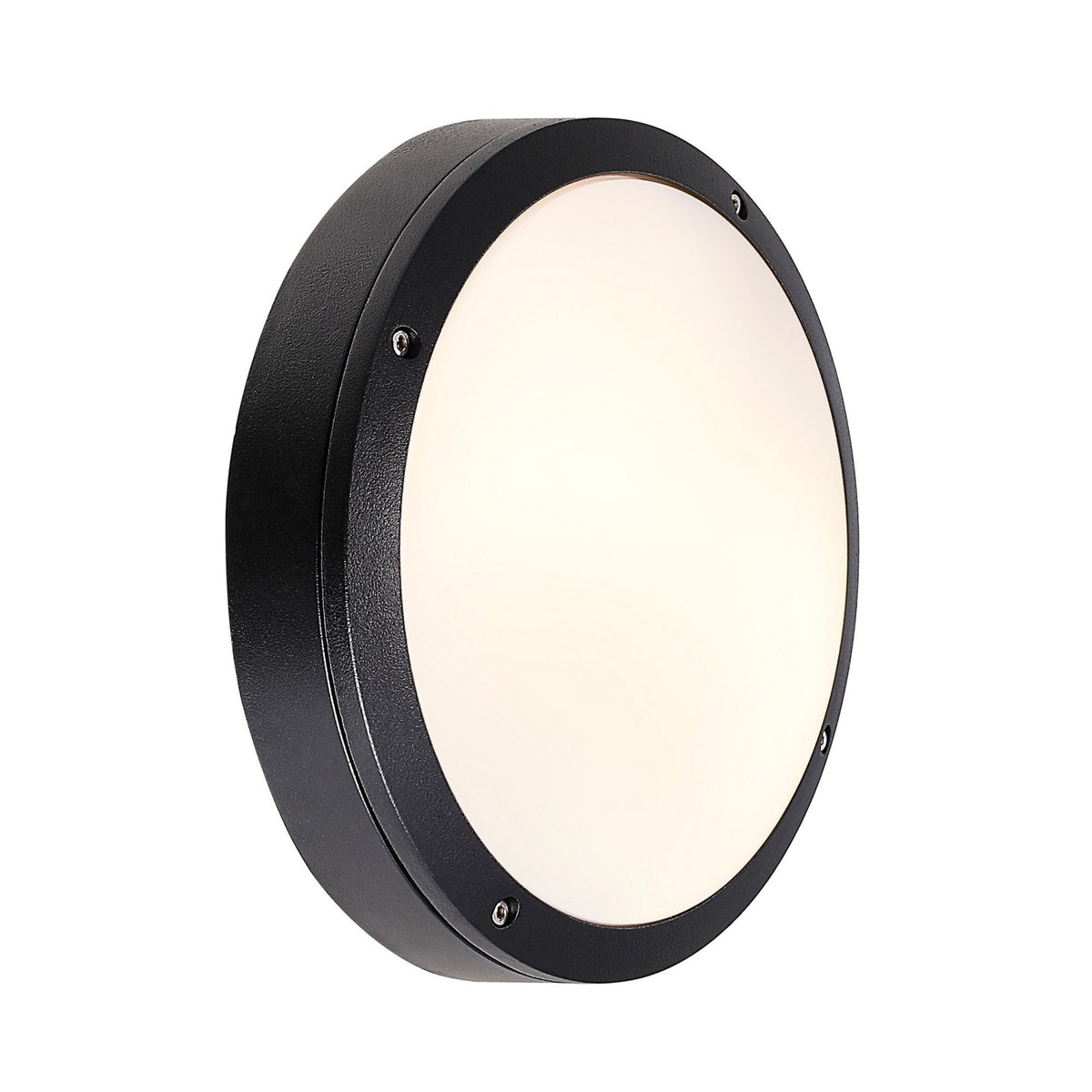 A black round ceiling or wall light with a white diffuser on a white background, viewed from the side.