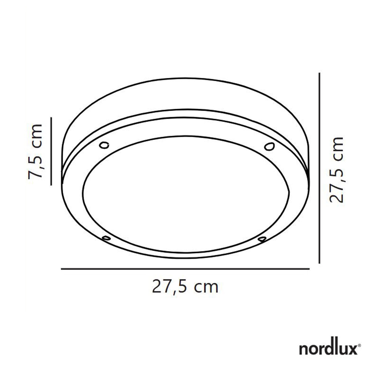 A line drawing of a round light fixture with dimensions: 27.5 cm diameter, 7.5 cm height.