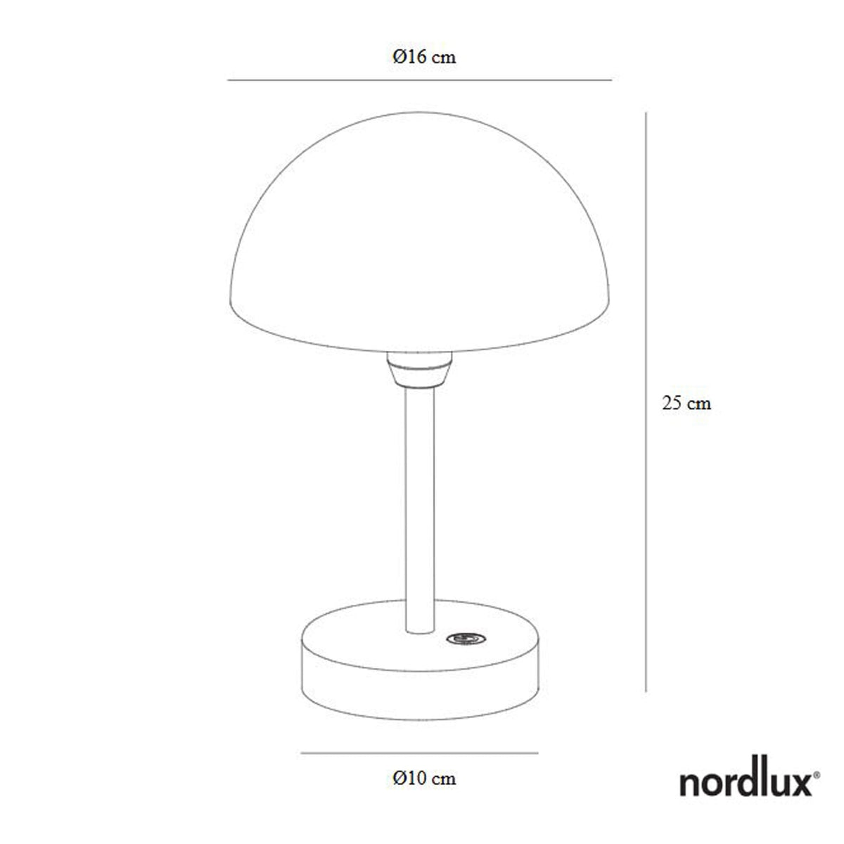 A line drawing of the portable lamp with its dimensions: 16cm shade, 25cm height, 10cm base.