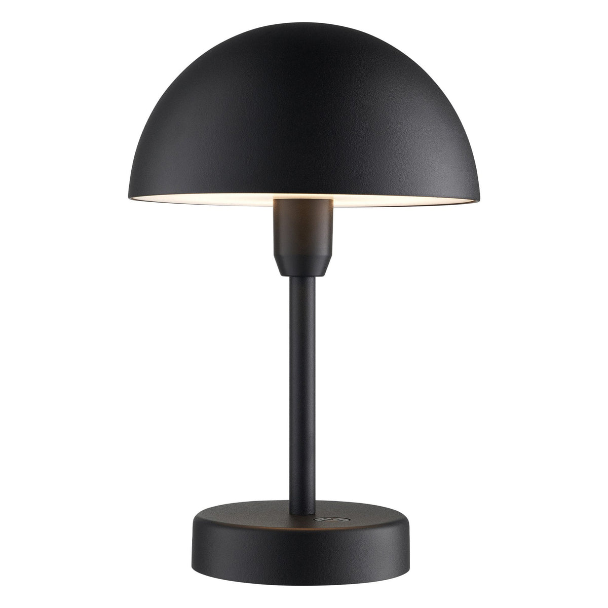 A black portable lamp with a mushroom-shaped shade and a light glowing underneath it.