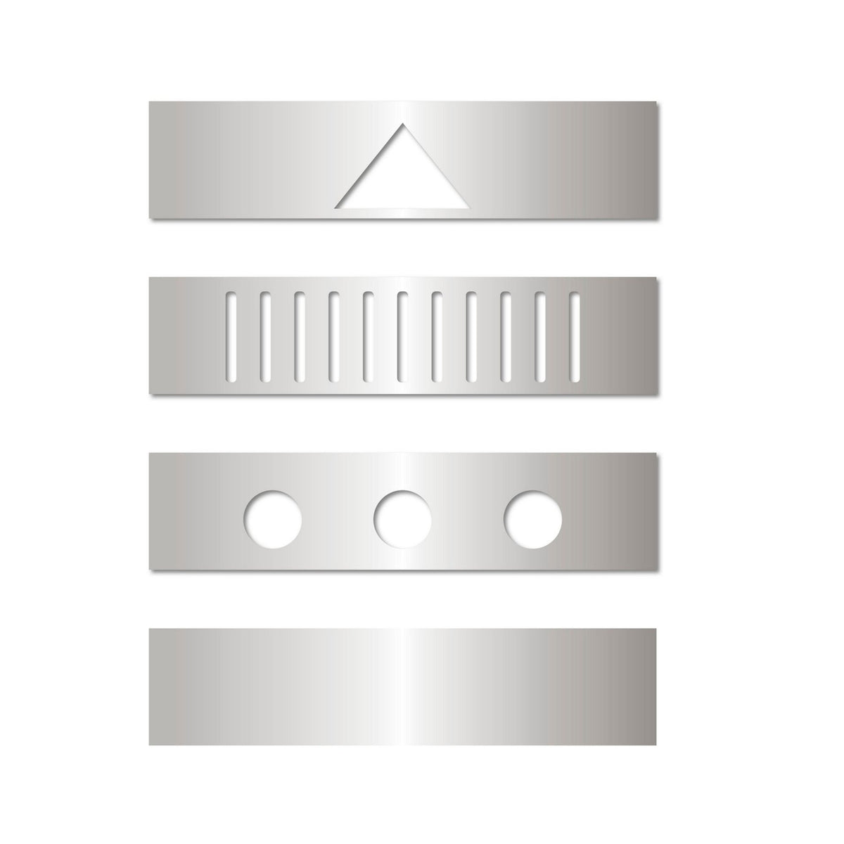 Four silver plates with cutouts for various light patterns from the wall lamp.