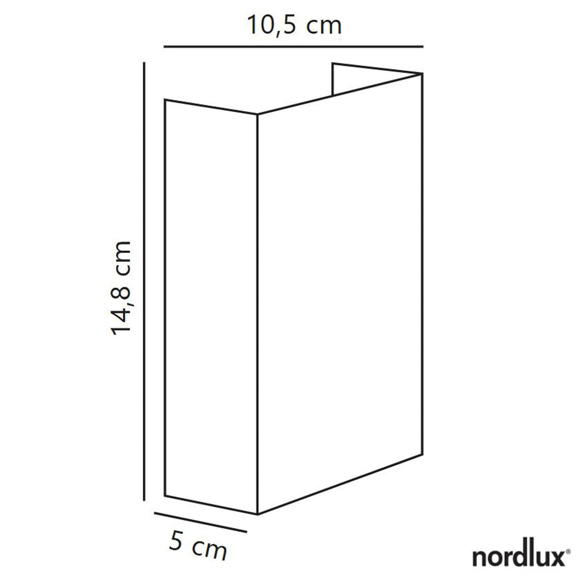 Line drawing of the black rectangular wall light with dimensions: 14.8 cm height, 10.5 cm width, 5 cm depth