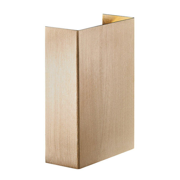 A golden rectangular wall light shown from a slight angle on a white background.