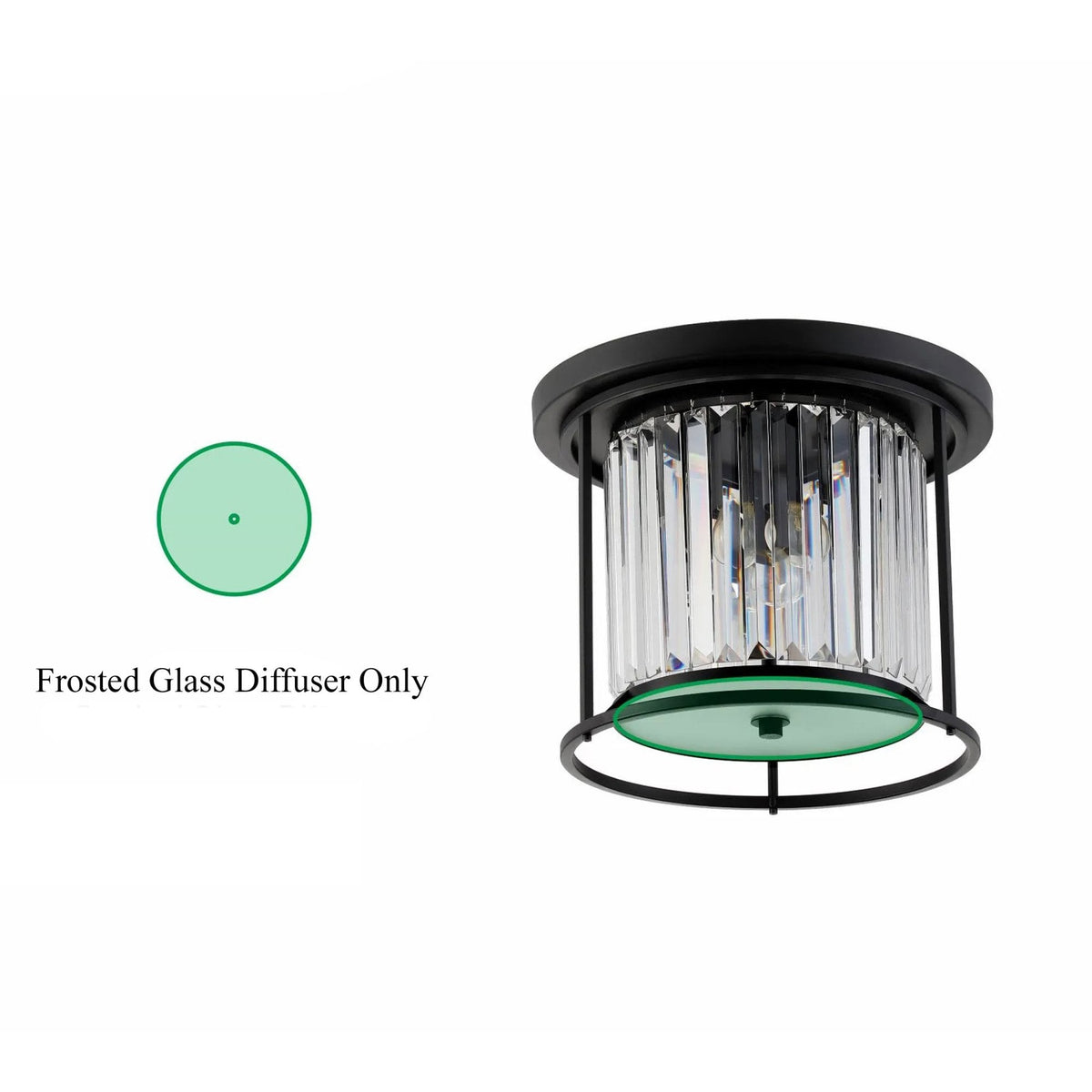 A close-up of the ceiling light showing the clear crystal glass shade and the green diffuser.