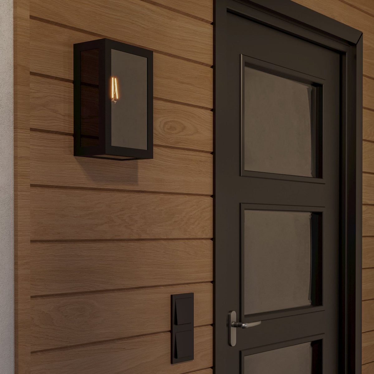 A modern black outdoor wall light next to a dark grey door on a wooden panelled wall.