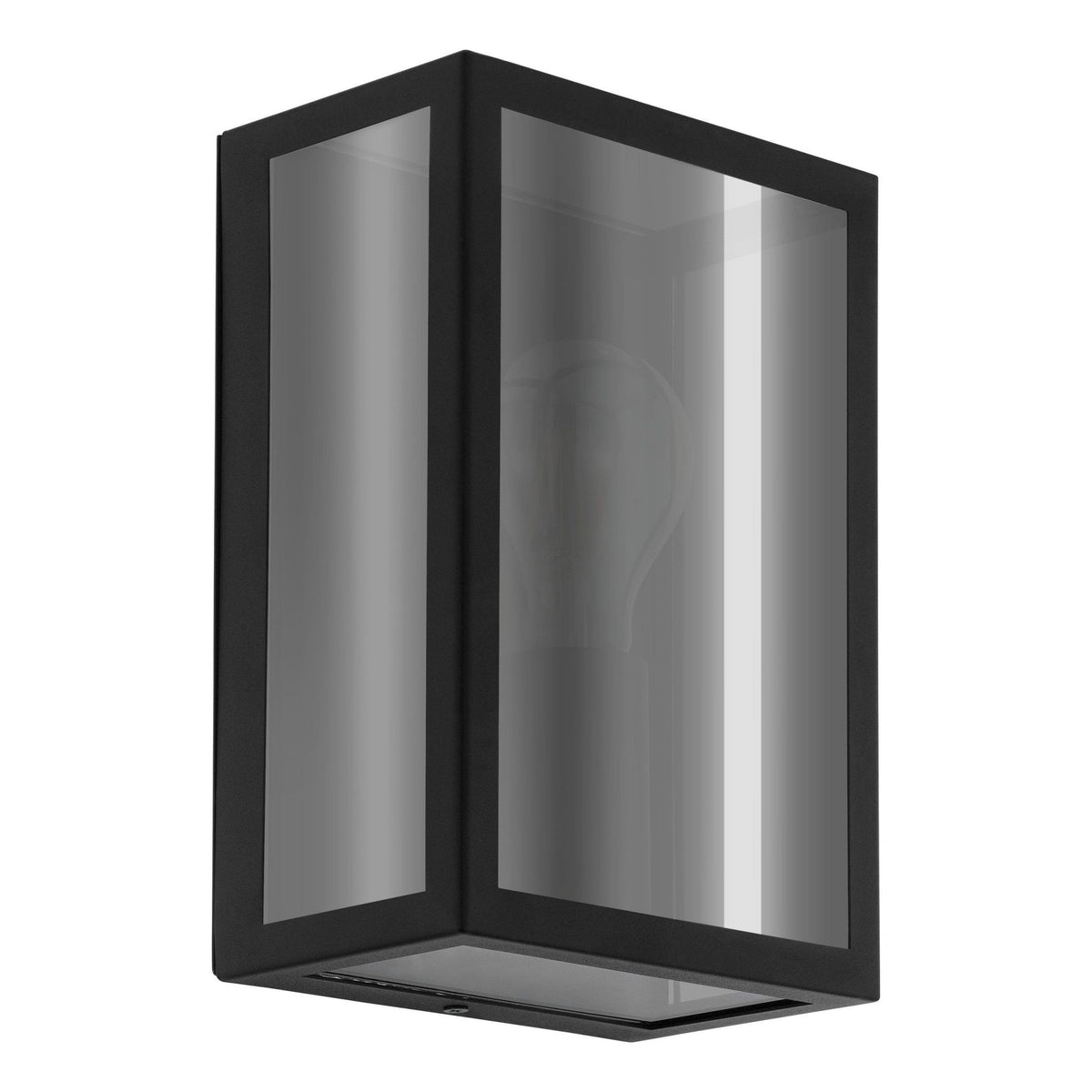A black rectangular outdoor wall light with a clear glass cover and visible bulb.