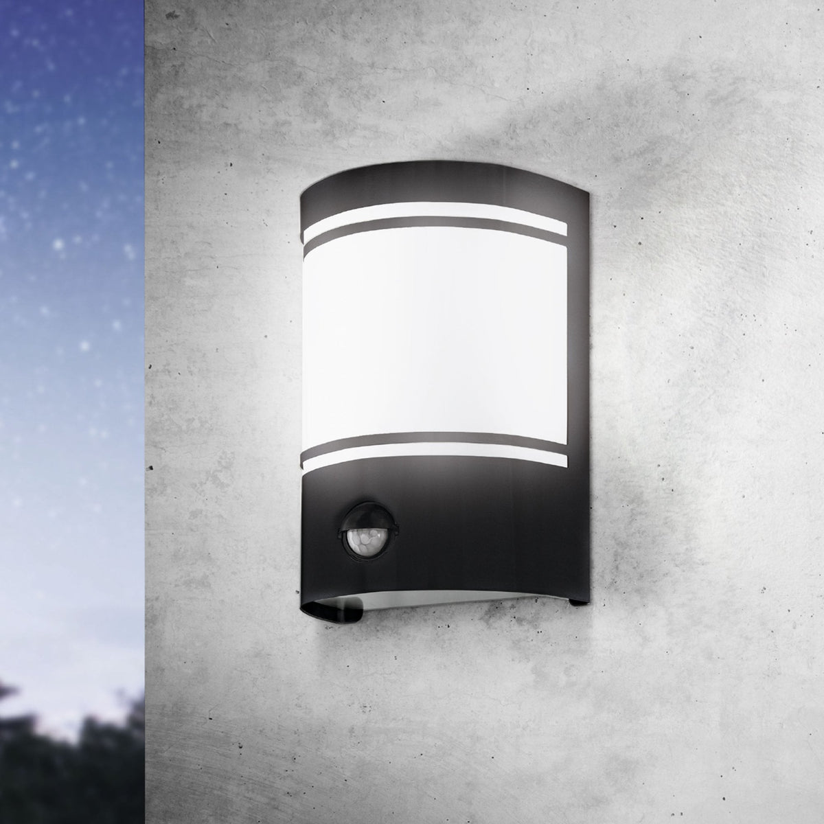 Cerno PIR Outdoor IP44 Black Wall Light with Satin White Glass Diffuser