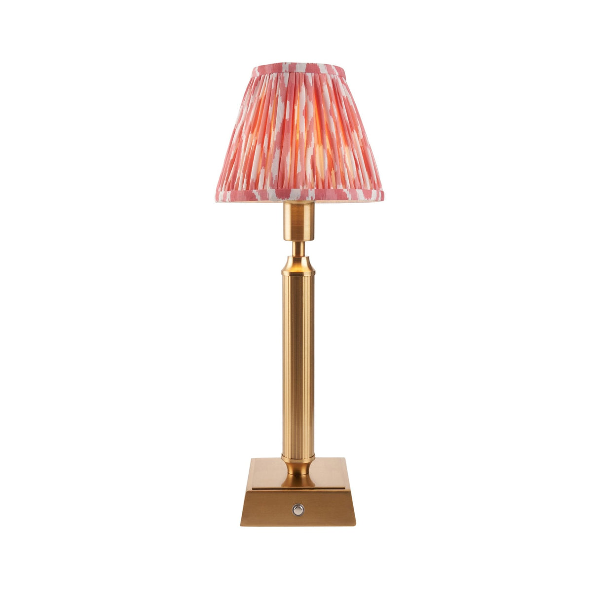 Trobridge Rechargeable Table Lamp in Brushed Aged Brass with Ikat 16cm Coral Pink Shade