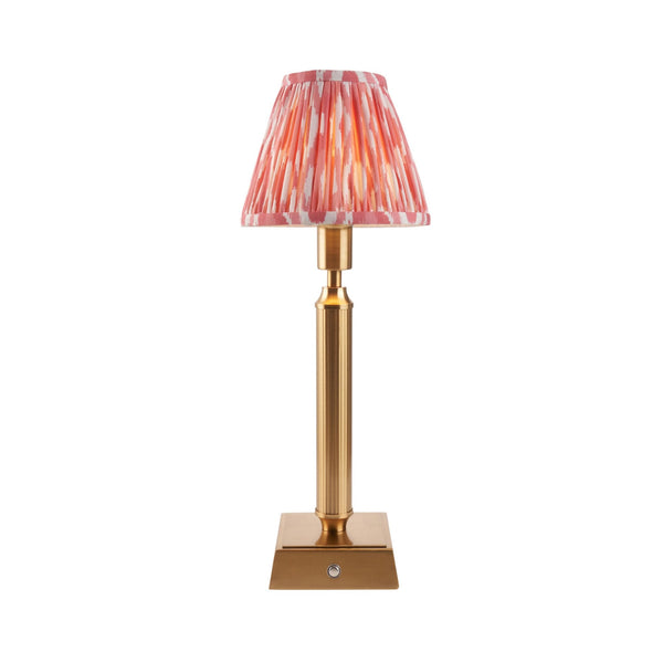 Trobridge Rechargeable Table Lamp in Brushed Aged Brass with Ikat 16cm Coral Pink Shade