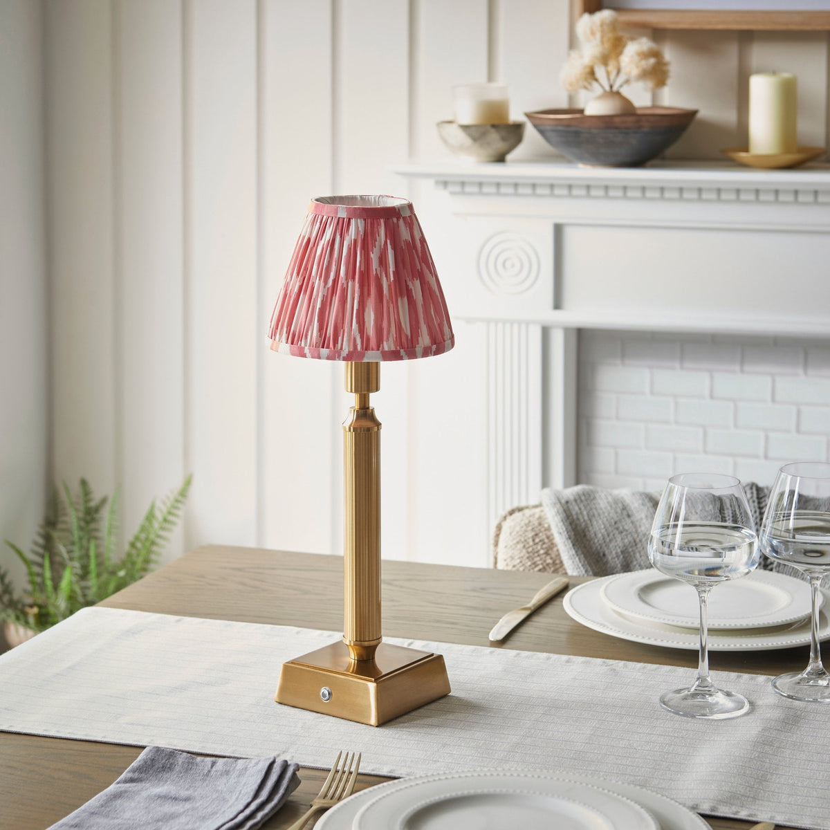 Trobridge Rechargeable Table Lamp in Brushed Aged Brass with Ikat 16cm Coral Pink Shade