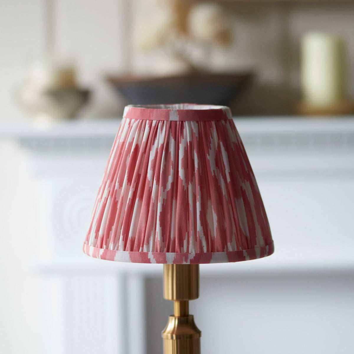 Trobridge Rechargeable Table Lamp in Brushed Aged Brass with Ikat 16cm Coral Pink Shade