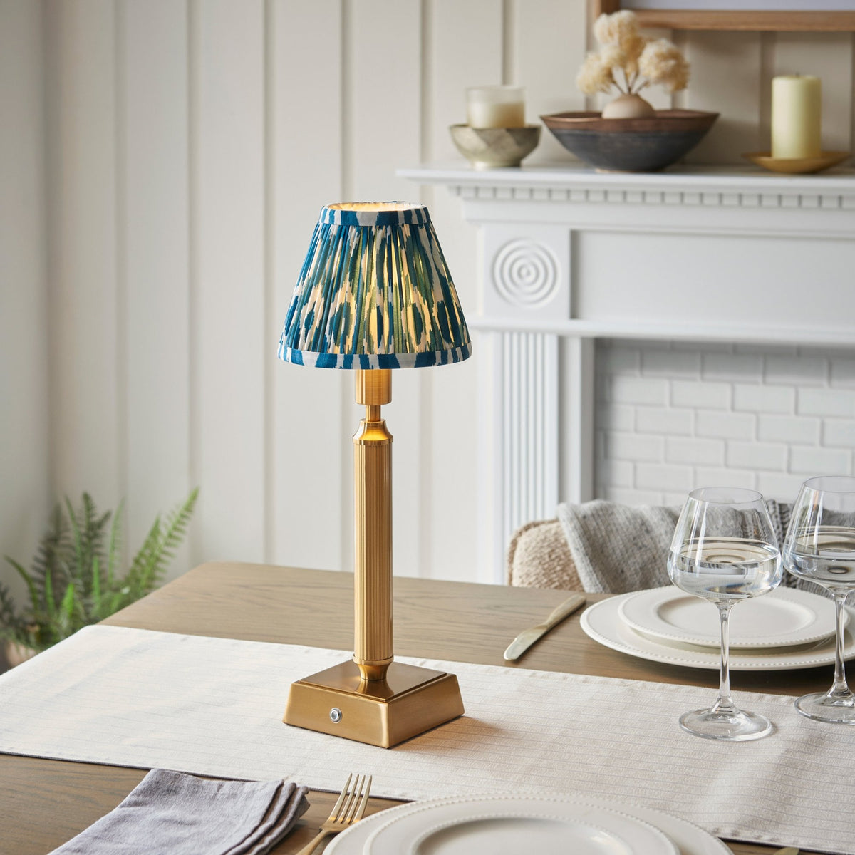 Trobridge Rechargeable Table Lamp in Brushed Aged Brass with Ikat 16cm Marlin Blue Shade
