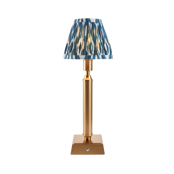 Trobridge Rechargeable Table Lamp in Brushed Aged Brass with Ikat 16cm Marlin Blue Shade