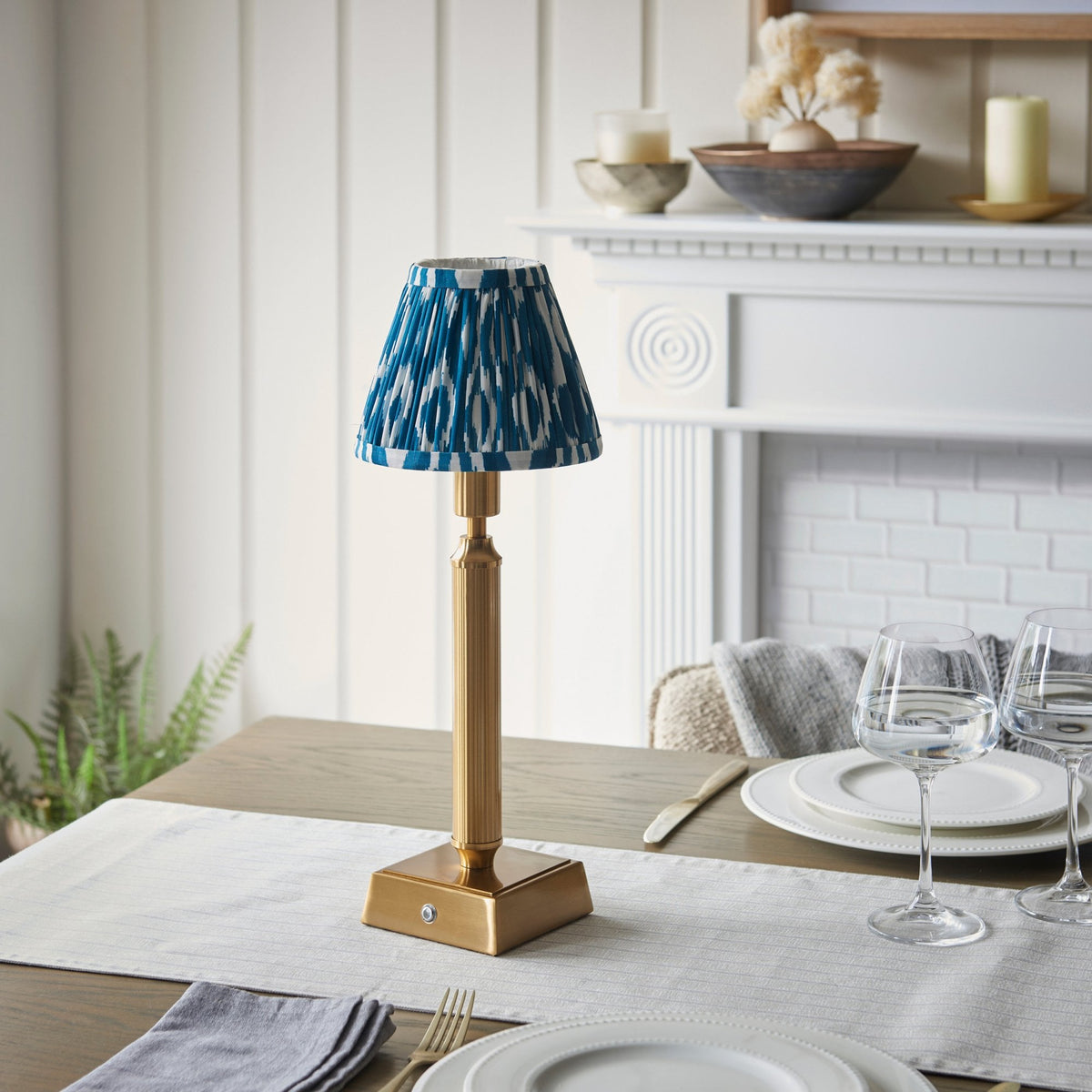 Trobridge Rechargeable Table Lamp in Brushed Aged Brass with Ikat 16cm Marlin Blue Shade