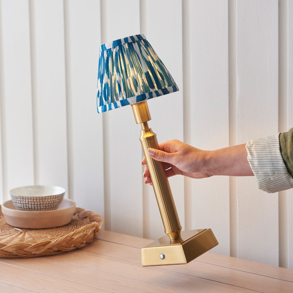 Trobridge Rechargeable Table Lamp in Brushed Aged Brass with Ikat 16cm Marlin Blue Shade