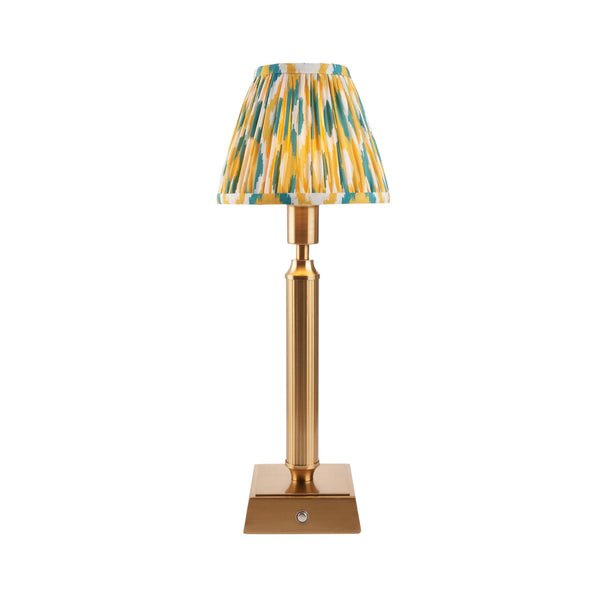 Trobridge Rechargeable Table Lamp in Brushed Aged Brass with Ikat 16cm Yellow & Jade Shade