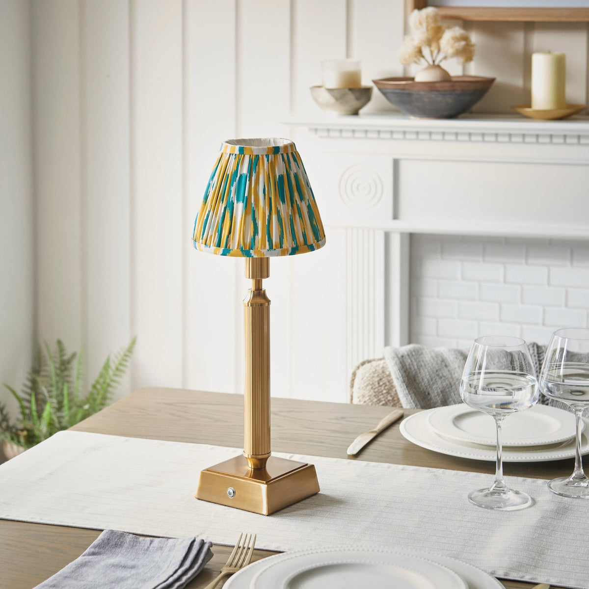 Trobridge Rechargeable Table Lamp in Brushed Aged Brass with Ikat 16cm Yellow & Jade Shade