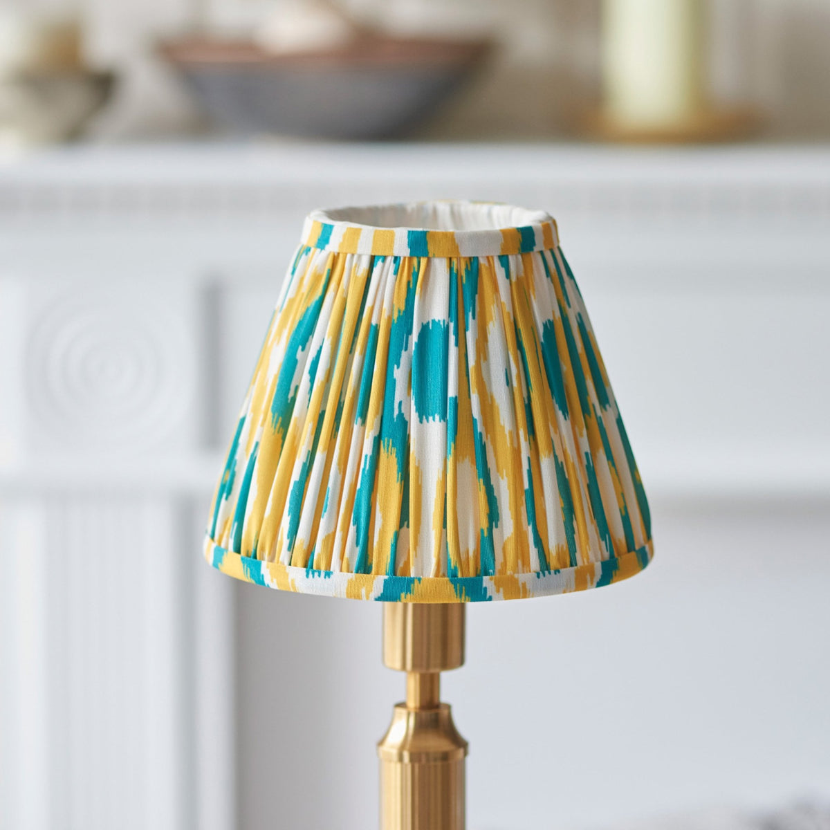 Trobridge Rechargeable Table Lamp in Brushed Aged Brass with Ikat 16cm Yellow & Jade Shade