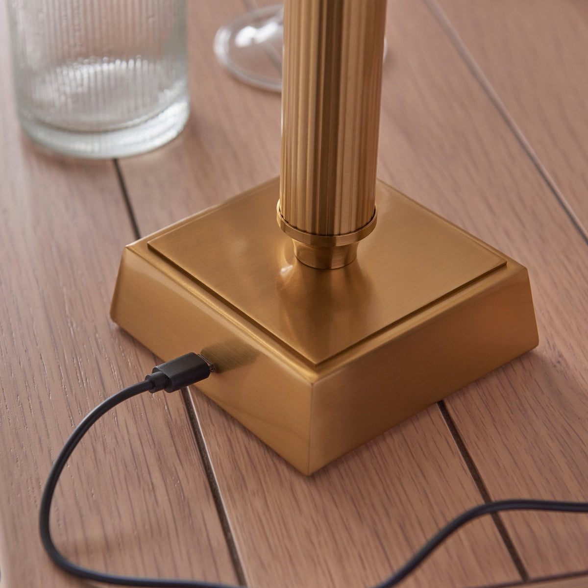 Trobridge Rechargeable Table Lamp in Brushed Aged Brass with Ikat 16cm Yellow & Jade Shade