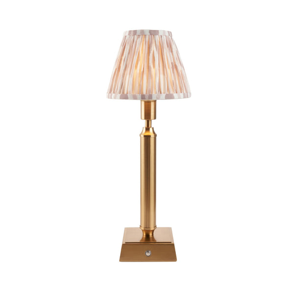 Trobridge Rechargeable Table Lamp in Brushed Aged Brass with Ikat 16cm Neutral Shade