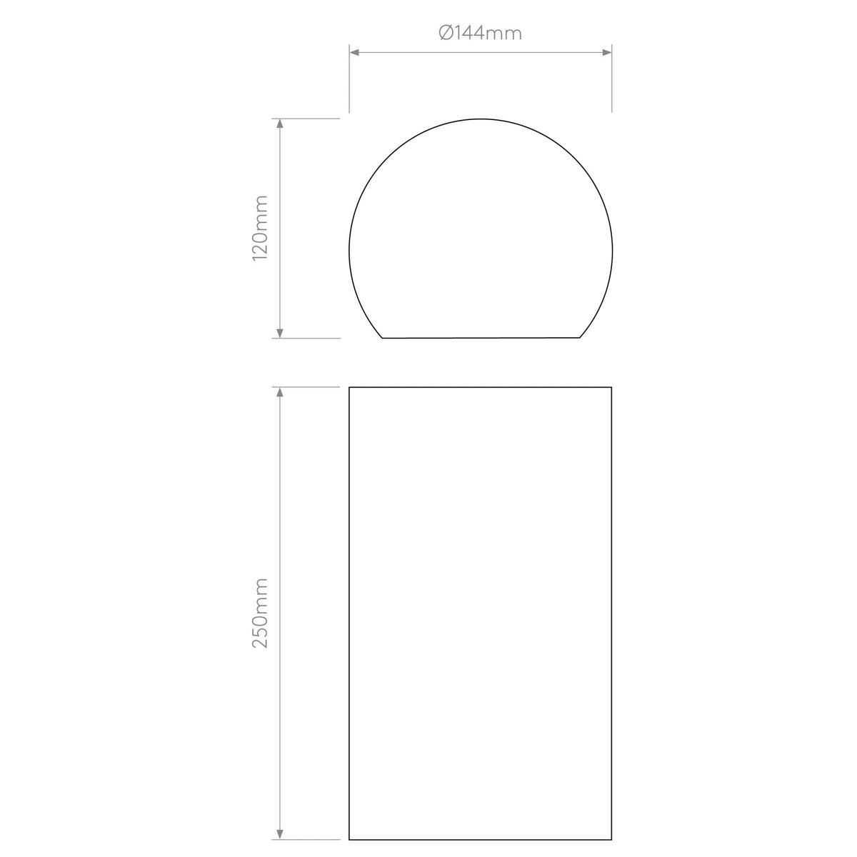 Technical drawing of a cylindrical base and a spherical top with dimensions