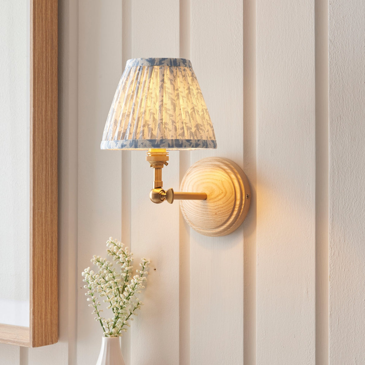 Wood Wing Adjustable Wall Light With Leaf 16cm Shell Bay Blue Shade