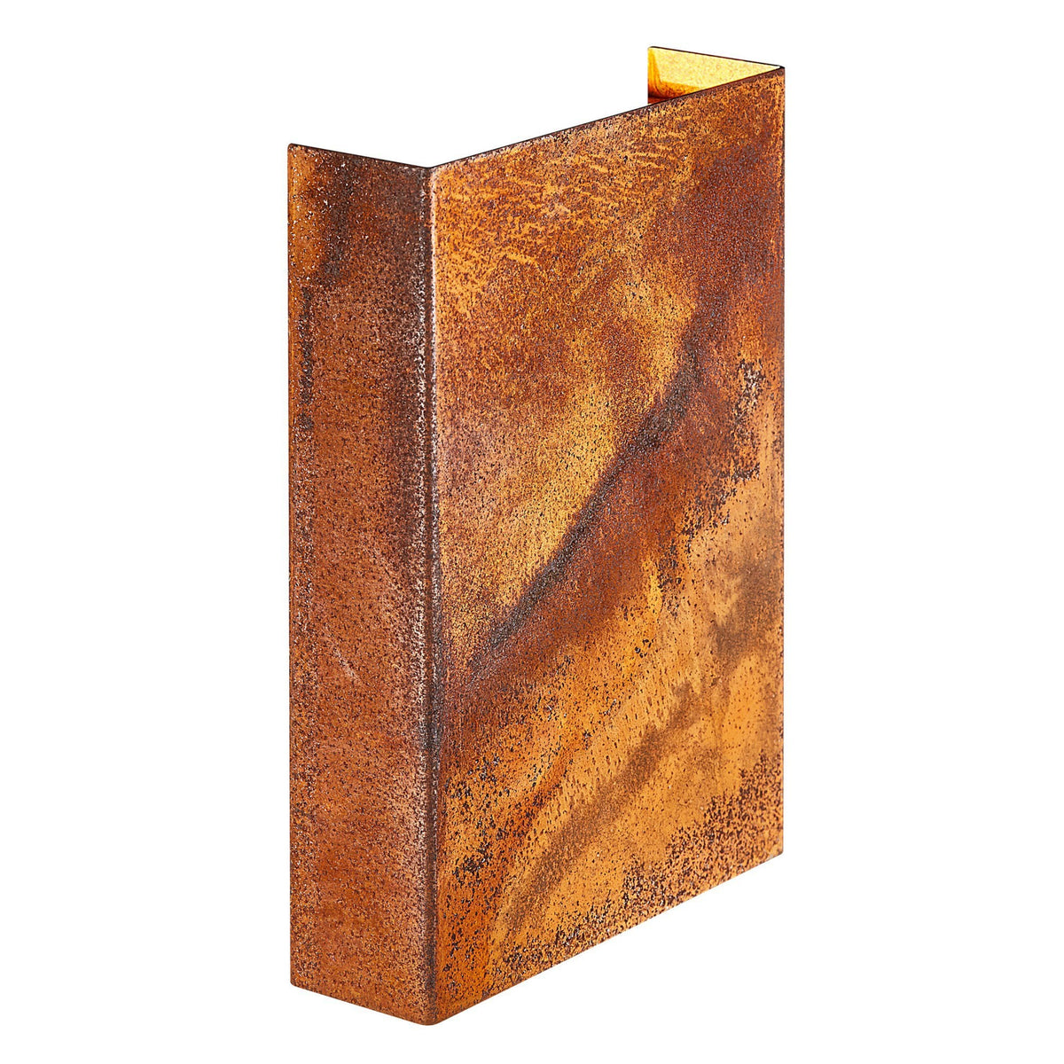 A close-up of a rustic rusted finish outdoor wall light.