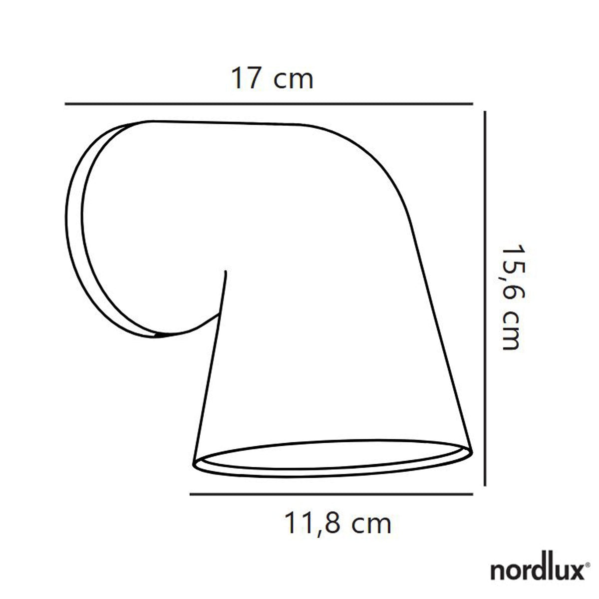 Line drawing of a wall light with dimensions: 17cm W, 15.6cm H, 11.8cm D.