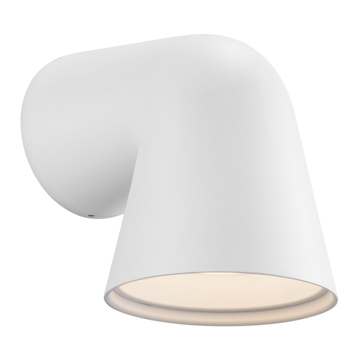White wall-mounted light fixture with a downward-facing conical shade.