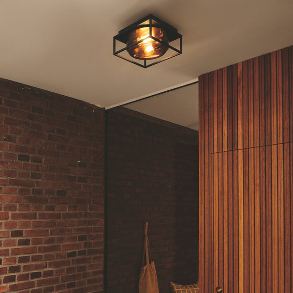 Griffin Outdoor IP44 Ceiling Light In Black with Smoked Diffuser