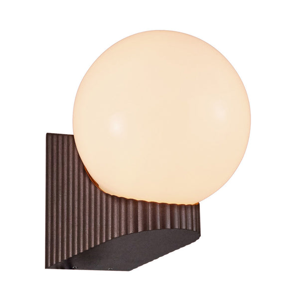 A lit spherical wall lamp with a textured dark brown base on a white background.
