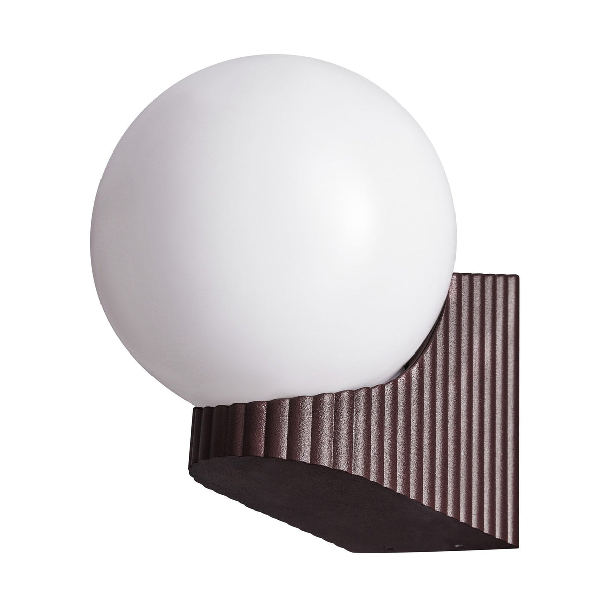 A white spherical wall lamp with a textured dark brown base on a white background.
