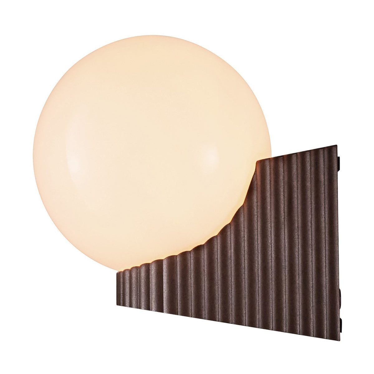 A large lit spherical wall lamp with a textured dark brown base on a white background.