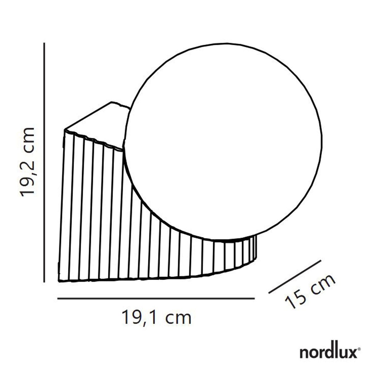 A line drawing shows the dimensions of a spherical wall light with a patterned base.