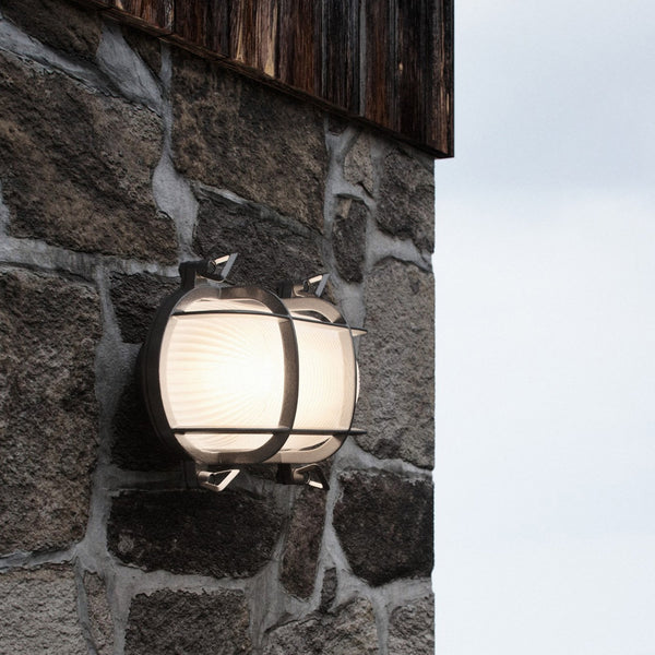 Helford Coastal IP64 Bulkhead Wall Light In Nickel With Glass Shade