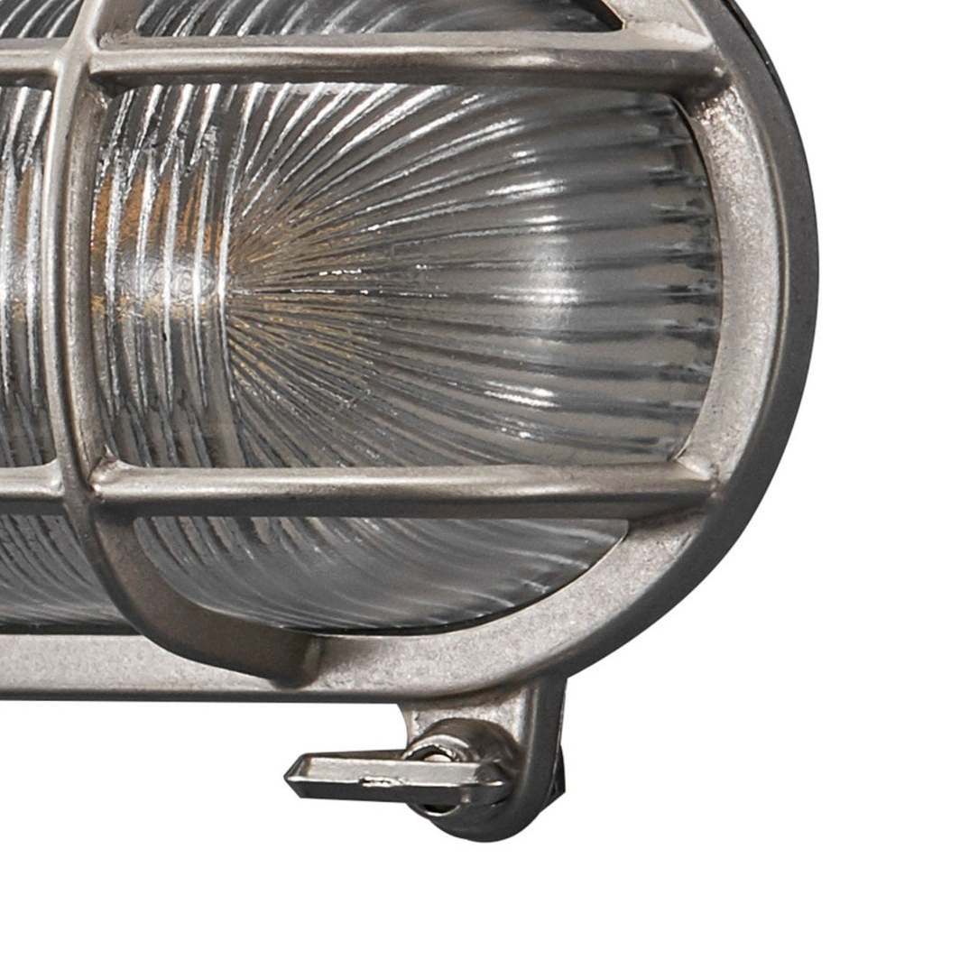 Helford Coastal IP64 Bulkhead Wall Light In Nickel With Glass Shade