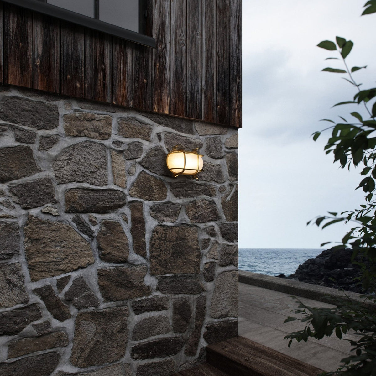 Helford Coastal IP64 Bulkhead Wall Light In Brass With Glass Shade