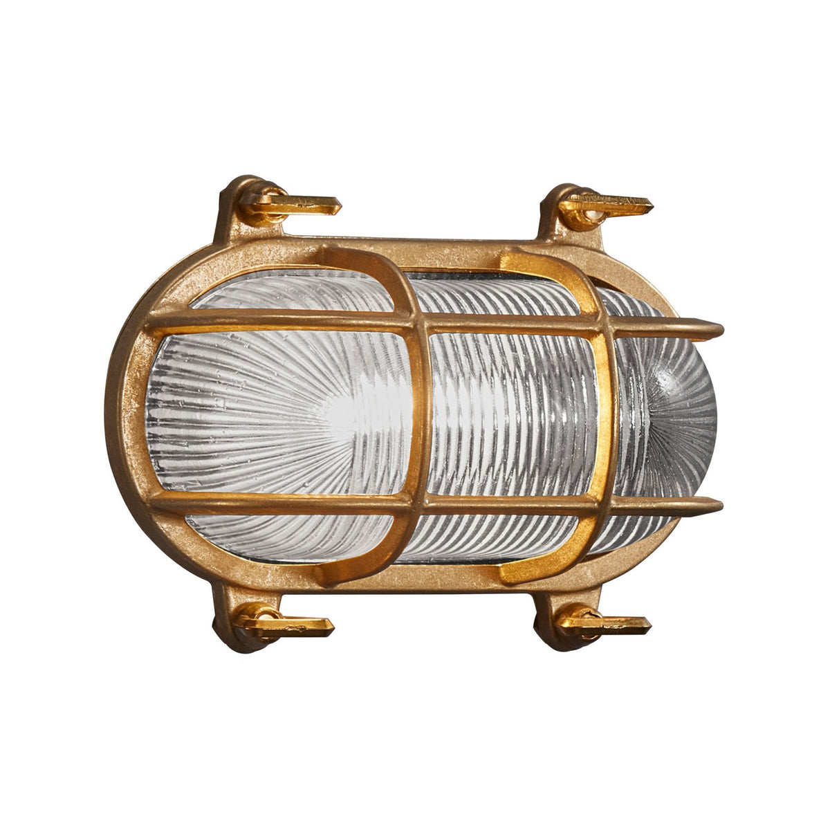Helford Coastal IP64 Bulkhead Wall Light In Brass With Glass Shade