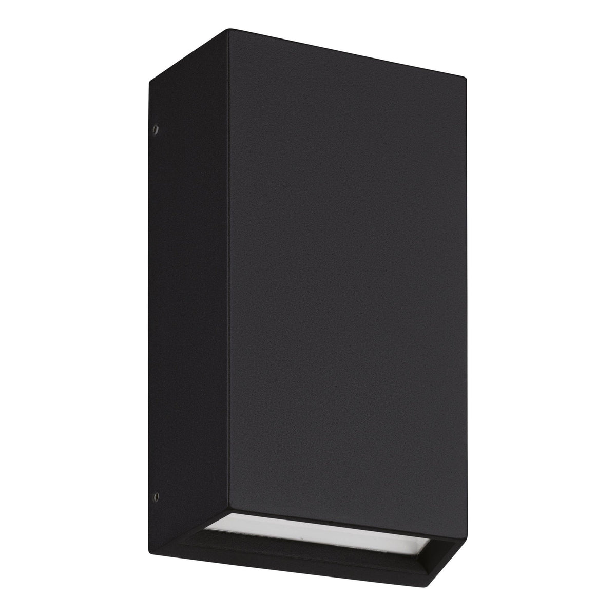 A sleek, rectangular black outdoor wall light with an upward and downward glow.