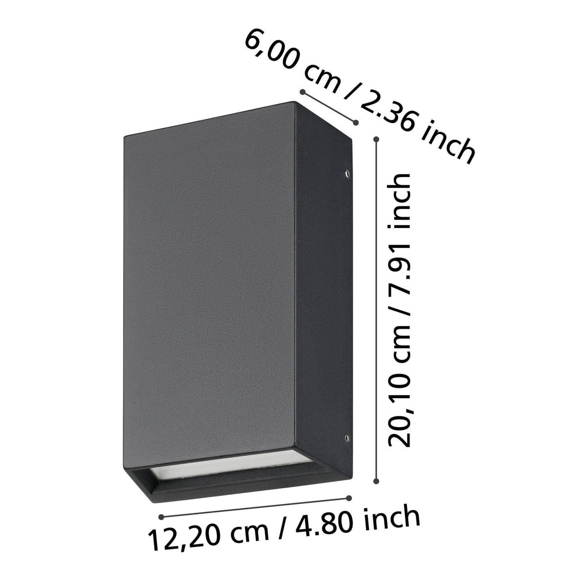 Dimensions of the black outdoor wall light shown in centimetres and inches.