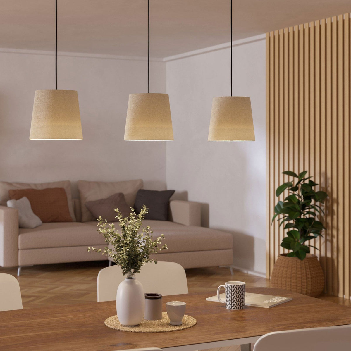 Febres Triple Drop Linear Pendant with White Fabric Shades