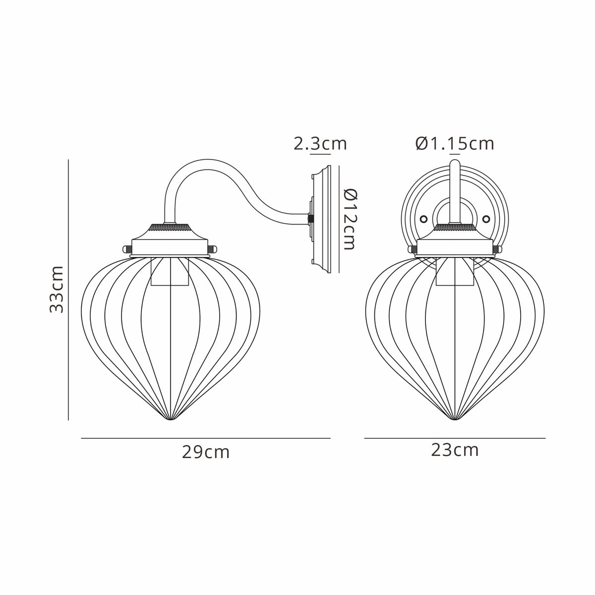 Line drawing of a wall light with dimensions for height, width, and projection.