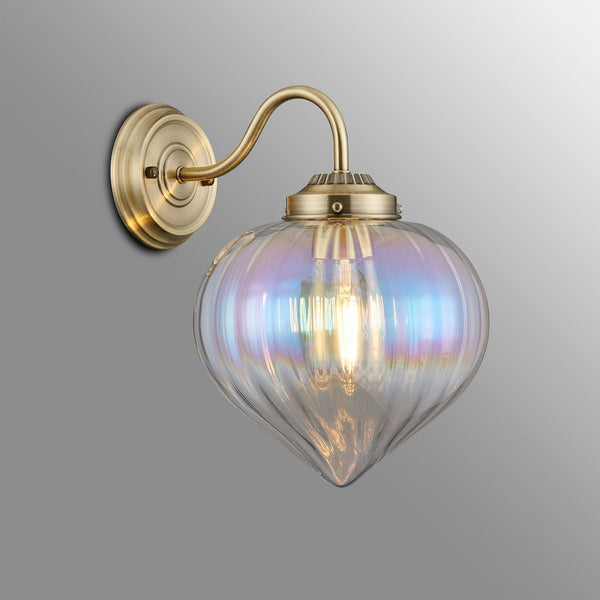 Appin Wall Light in Antique Brass with Iridescent Faded Flower Bud Glass Shade