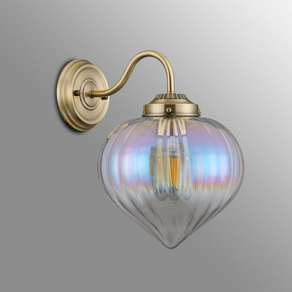 Appin Wall Light in Antique Brass with Iridescent Faded Flower Bud Glass Shade