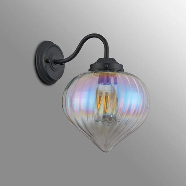 Appin Wall Light in Satin Black with Iridescent Faded Flower Bud Glass Shade
