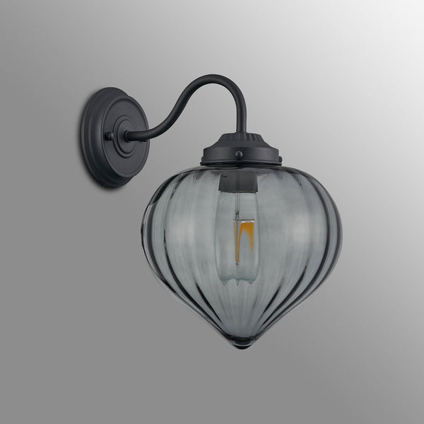 Appin Wall Light in Satin Black with Smoke Flower Bud Glass Shade