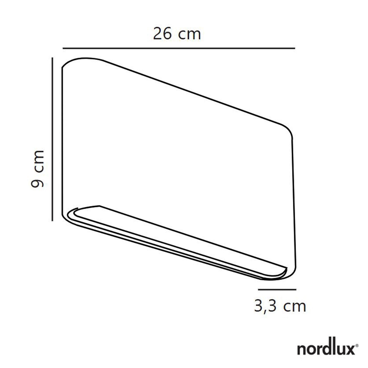 A line drawing showing the dimensions of the wall light: 26cm x 9cm x 3.3cm.
