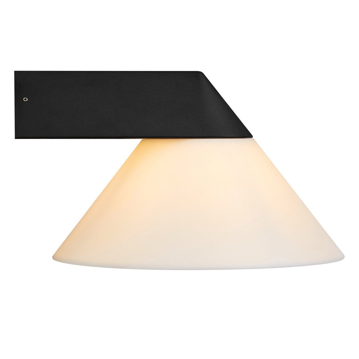 Side view of a modern outdoor wall light featuring a black rectangular base and white conical shade.