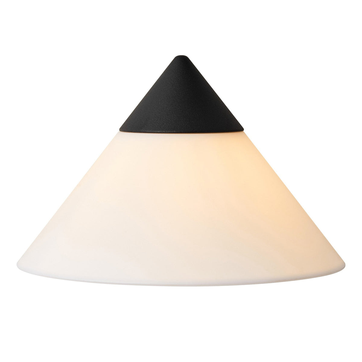 Front view of a minimalist outdoor wall light with a black top and white conical diffuser.