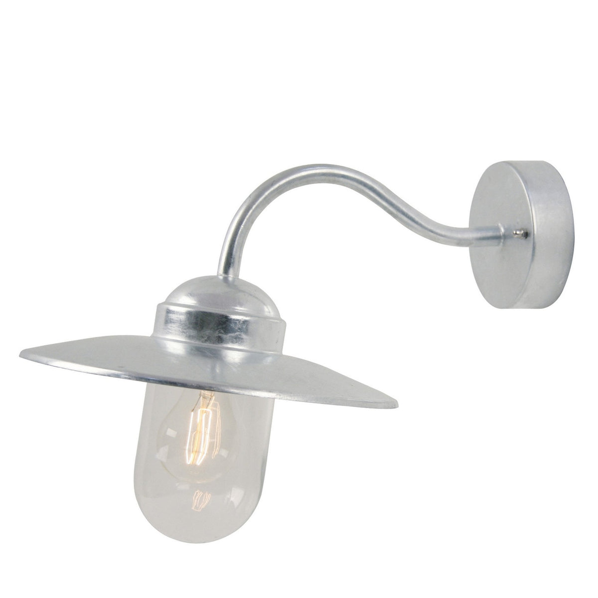 Modern silver outdoor wall light with a curved arm and a clear glass bulb casing.
